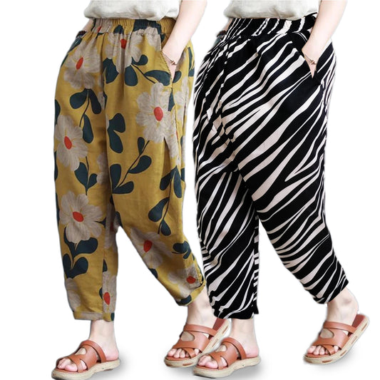 Vintage Yellow Floral & Zibra Print Pajama Capri Combo Pack For Womens & Girls(Pack Of 2 Pcs)