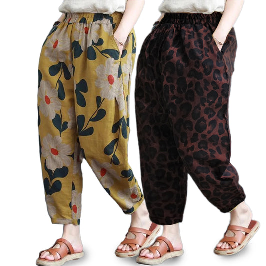 Vintage Leopard Print & Yellow Floral Pajama Capri Combo Pack For Womens & Girls(Pack Of 2 Pcs)