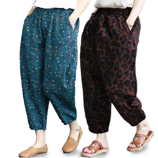 Vintage SkyBlue Cherry & Leopard Print Pajama Capri Combo Pack For Womens & Girls(Pack Of 2 Pcs)