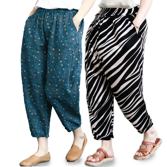 Vintage SkyBlue Cherry & Zibra Print Pajama Capri Combo Pack For Womens & Girls(Pack Of 2 Pcs)