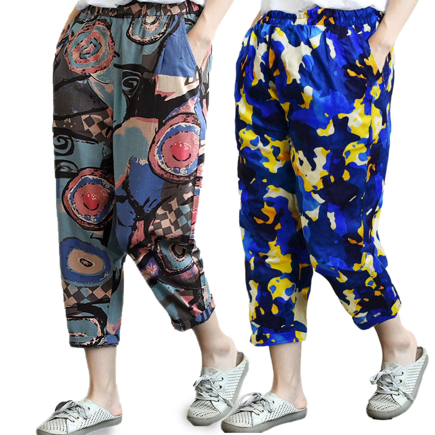 Vintage Abstract Circle & Blue Army Pajama Capri Combo Pack For Womens & Girls(Pack Of 2 Pcs)