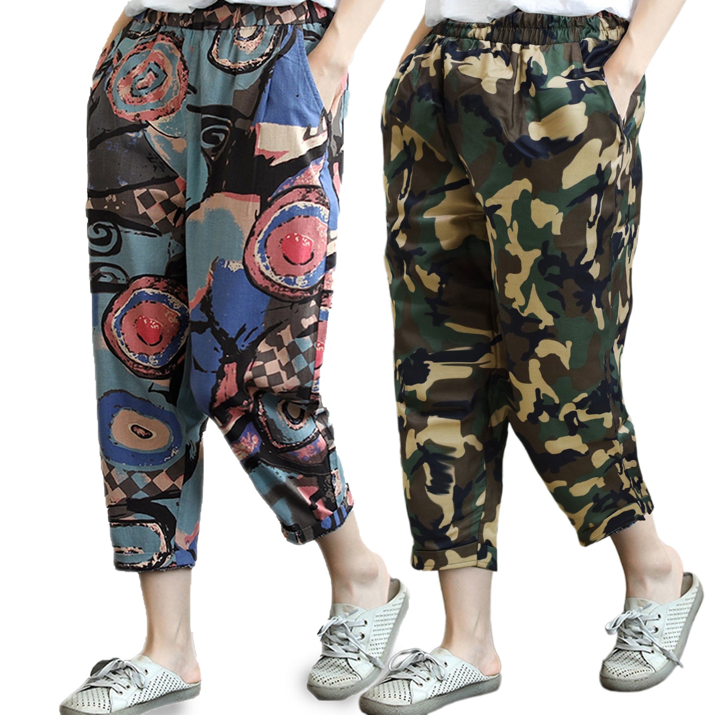 Vintage Abstract Circle & Olive Army Pajama Capri Combo Pack For Womens & Girls(Pack Of 2 Pcs)