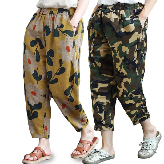 Vintage Yellow Floral & Olive Army Pajama Capri Combo Pack For Womens & Girls(Pack Of 2 Pcs)