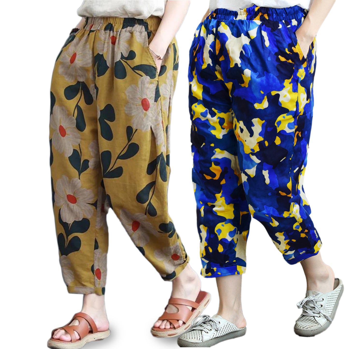 Vintage Yellow Floral & Blue Army Pajama Capri Combo Pack For Womens & Girls(Pack Of 2 Pcs)