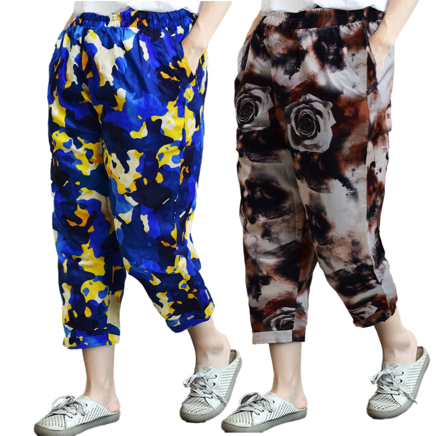 Vintage Blue Army & Chocklet Floral Pajama Capri Combo Pack For Womens & Girls(Pack Of 2 Pcs)