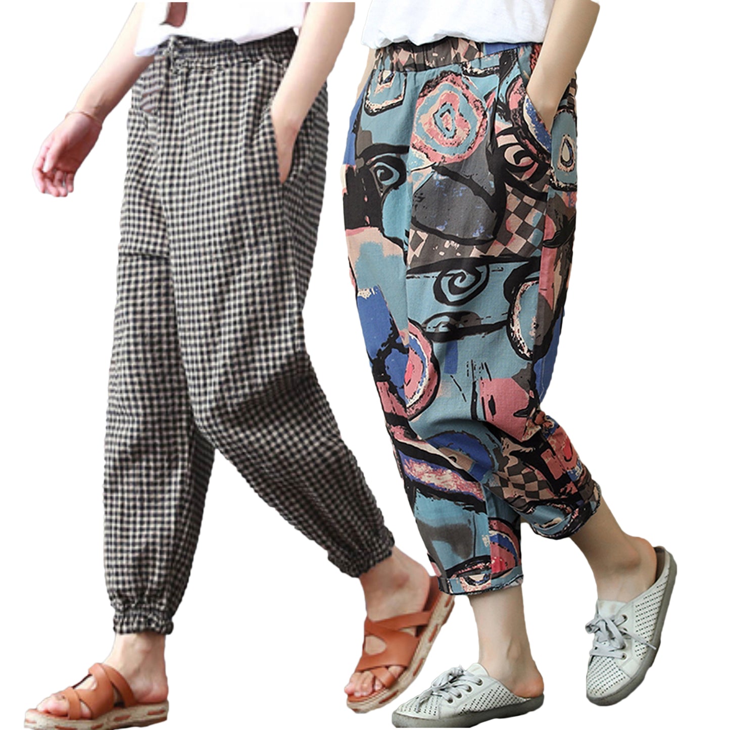 Vintage Black Grey Checks & Abstract Paintings Pajama Capri Combo Pack For Womens & Girls(Pack Of 2 Pcs)