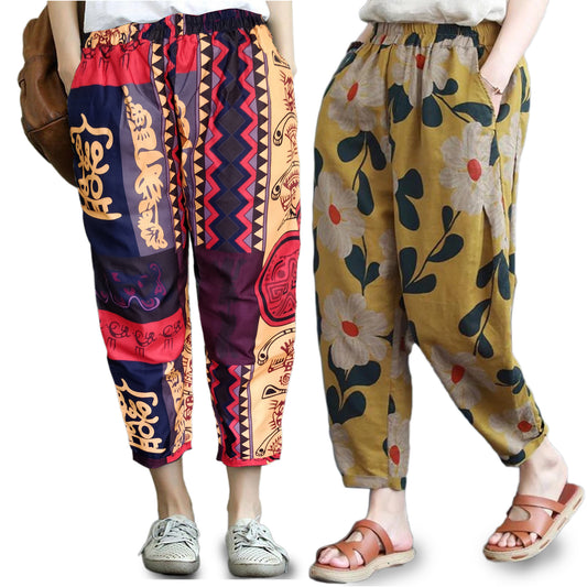 Vintage Thailand Art & Yellow Floral Pajama Capri Combo Pack For Womens & Girls(Pack Of 2 Pcs)