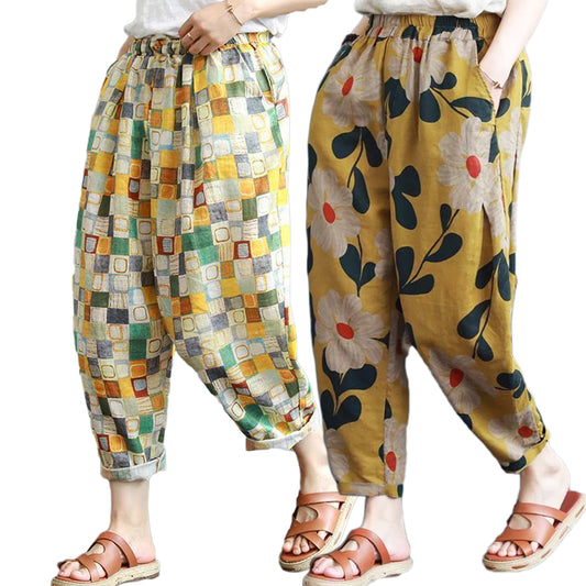 Vintage Yellow Floral & Yellow Boxes Pajama Capri Combo Pack For Womens & Girls(Pack Of 2 Pcs)