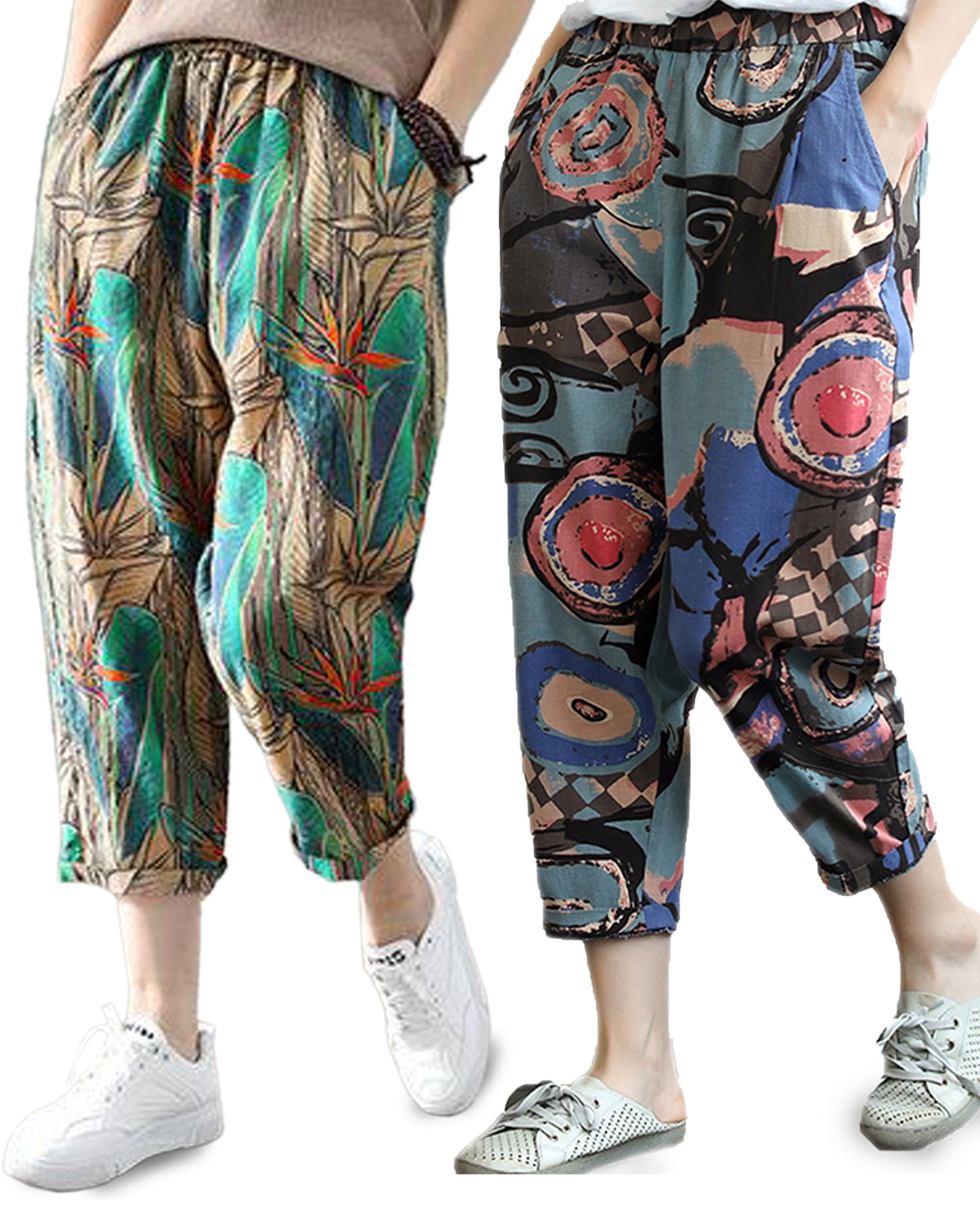 Vintage Abstract Circlel & Green Mapple Leaf Pajama Capri Combo Pack For Womens & Girls(Pack Of 2 Pcs)