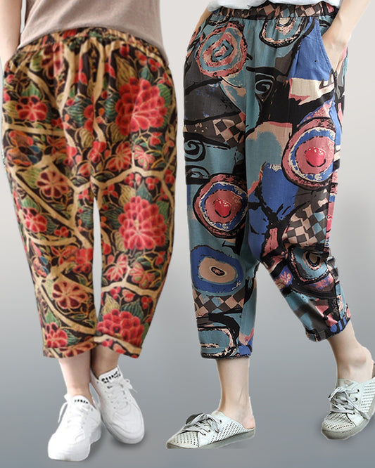 Vintage Abstract Circlel & Red Rangoli Pajama Capri Combo Pack For Womens & Girls(Pack Of 2 Pcs)