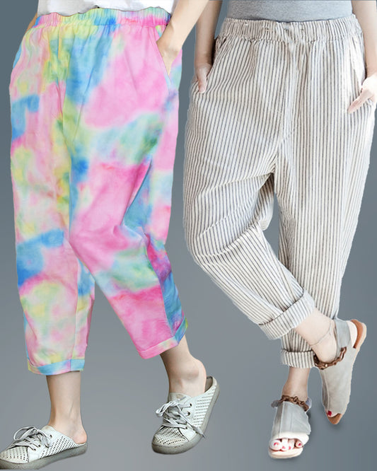 Vintage Tie Dye & Off-White Lines Pajama Capri Combo Pack For Womens & Girls(Pack Of 2 Pcs)