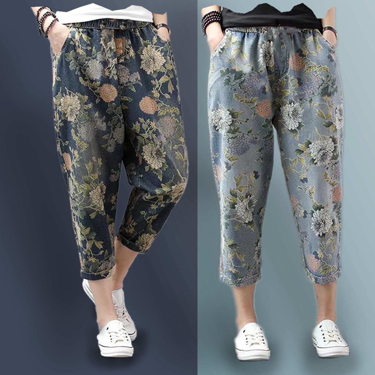 Vintage Dark Blue & Sky Floral Pajama Capri Combo Pack For Womens & Girls(Pack Of 2 Pcs)