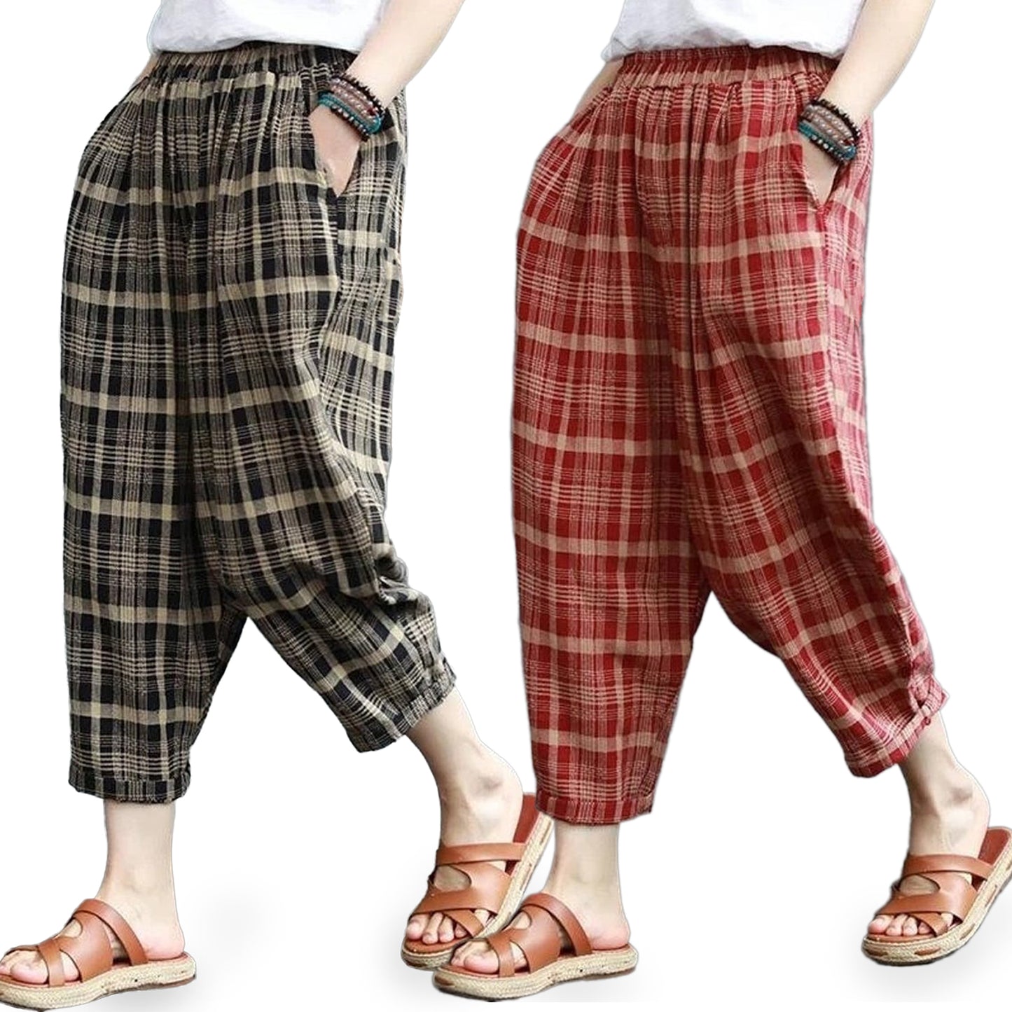 Vintage Baggy Black & Red Checkered Pajama Capri Combo Pack For Womens & Girls(Pack Of 2 Pcs)