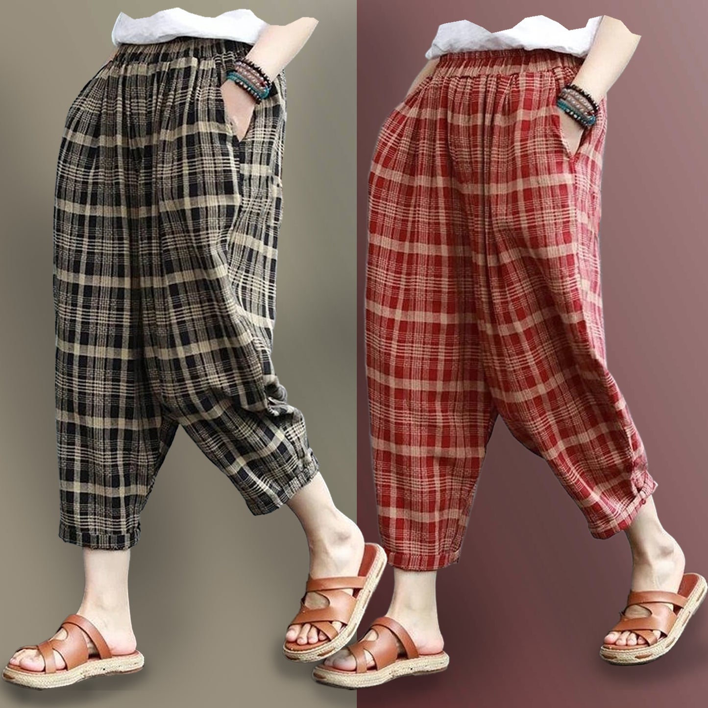 Vintage Baggy Black & Red Checkered Pajama Capri Combo Pack For Womens & Girls(Pack Of 2 Pcs)