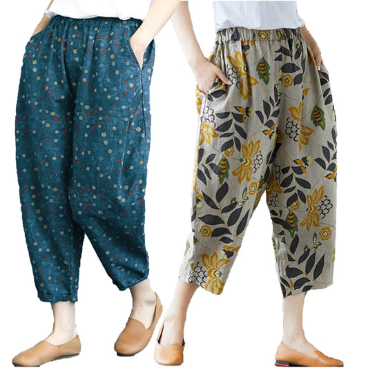 Vintage SkyBlue Cherry & Green Floral Pajama Capri Combo Pack For Womens & Girls(Pack Of 2 Pcs)
