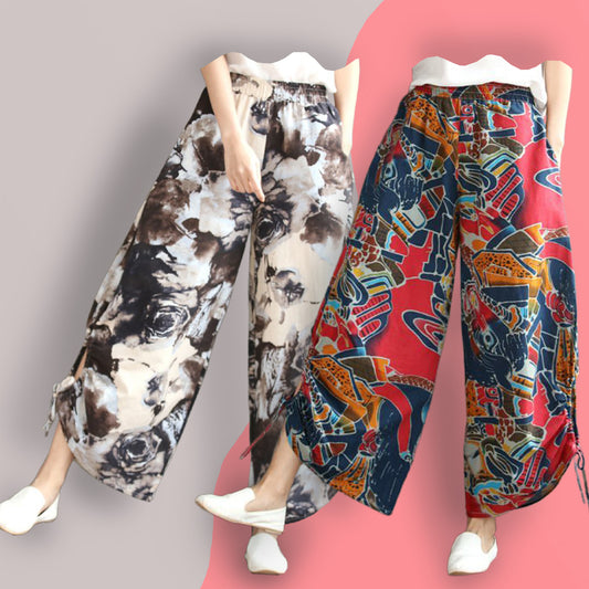 Stylish Abstract Pink & Choklet Floral Reyon Blend Plazo For Womens Trousers Combo (Pack Of 2)