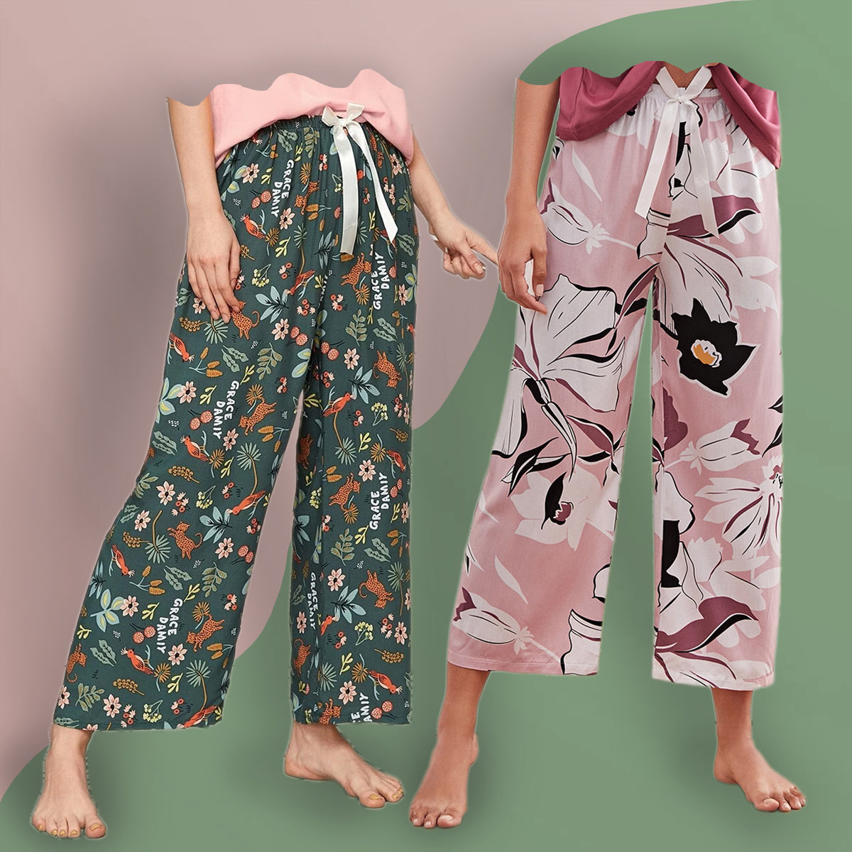 Poison Green & Pink Floral Reyon Blend Plazo For Womens Trousers Combo (Pack Of 2)