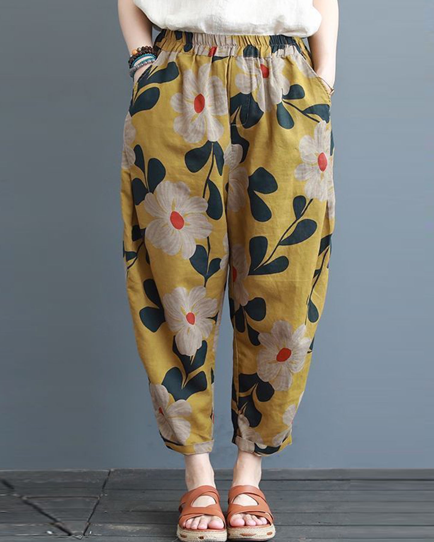 Vintage Yellow Floral & Blue Army Pajama Capri Combo Pack For Womens & Girls(Pack Of 2 Pcs)