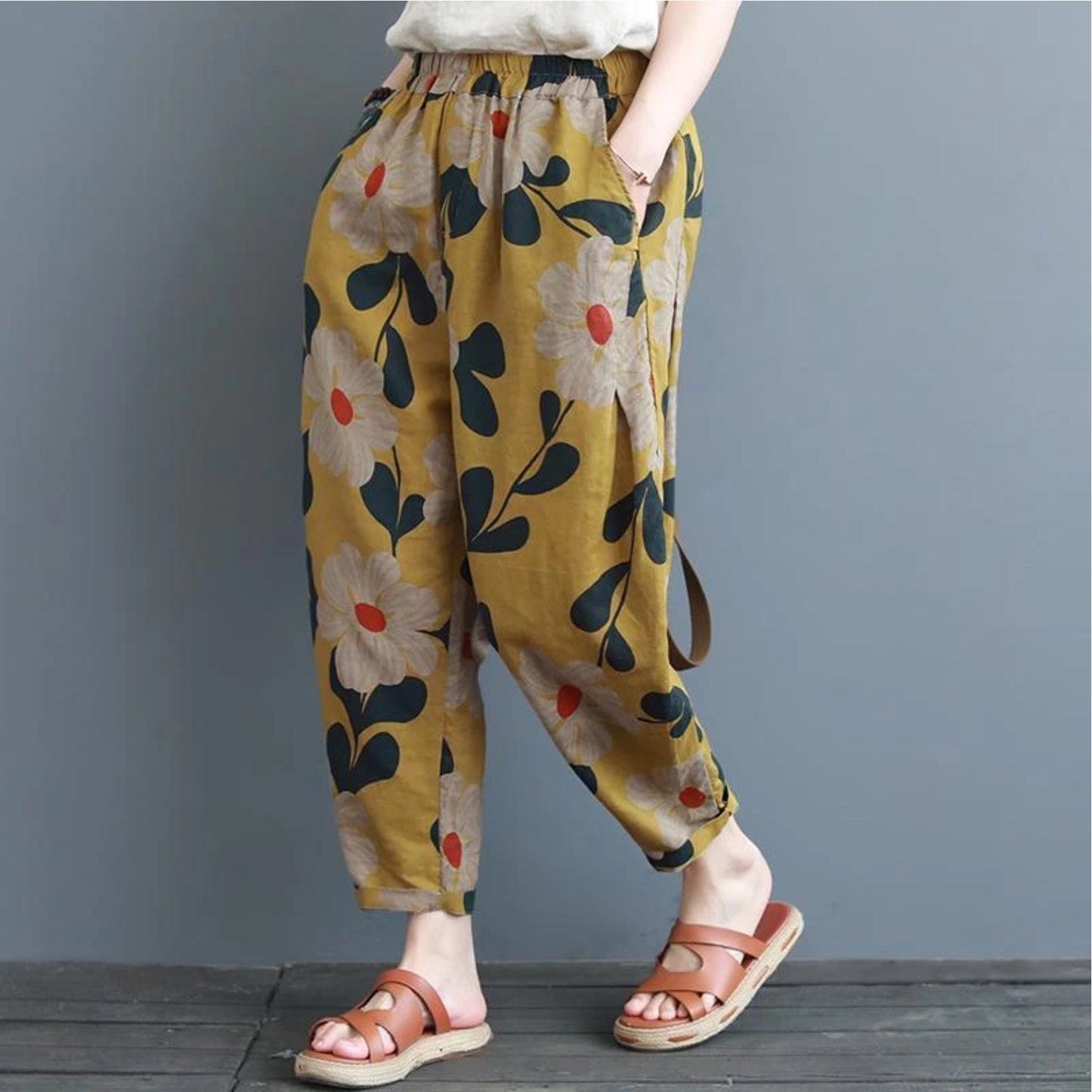 Vintage Yellow Floral & Olive Army Pajama Capri Combo Pack For Womens & Girls(Pack Of 2 Pcs)