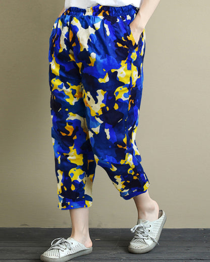 Vintage Yellow Floral & Blue Army Pajama Capri Combo Pack For Womens & Girls(Pack Of 2 Pcs)