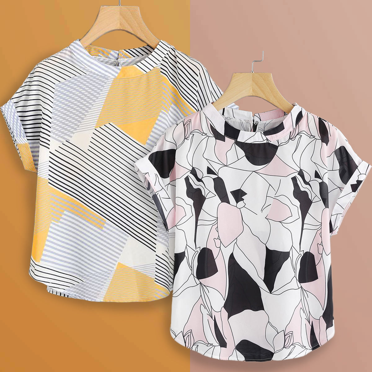 Stylish Yellow Lines & Abstract Pink Tops Combo For Women & Girls(Pack Of 2 Pcs)