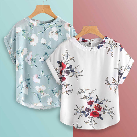 Stylish White & Light Turquoise Floral Tops Combo For Women & Girls(Pack Of 2 Pcs)