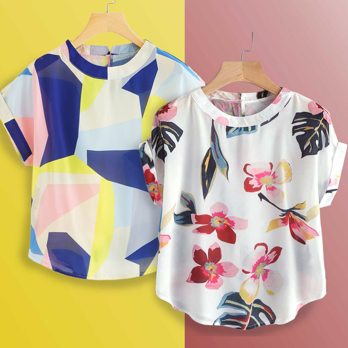Stylish White Floral & Abstract Color Block Tops Combo For Women & Girls(Pack Of 2 Pcs)