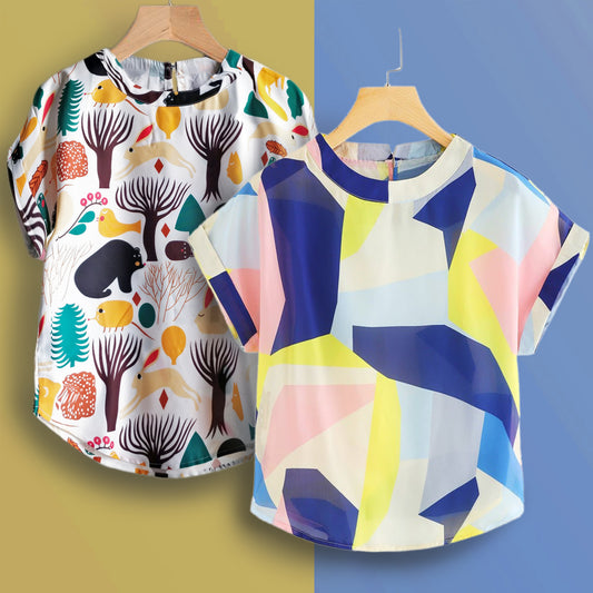 Stylish Cute Ani & Abstract Block Tops Combo For Women & Girls(Pack Of 2 Pcs)