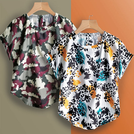 Stylish Camo & Foot Print Tops Combo For Women & Girls(Pack Of 2 Pcs)