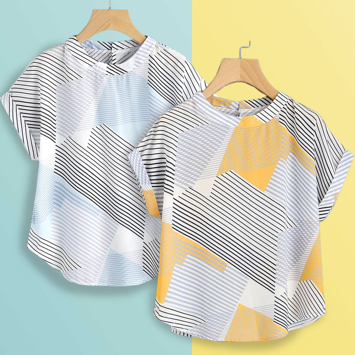 Stylish Trquoise Lines & Yellow Lines Tops Combo For Women & Girls(Pack Of 2 Pcs)