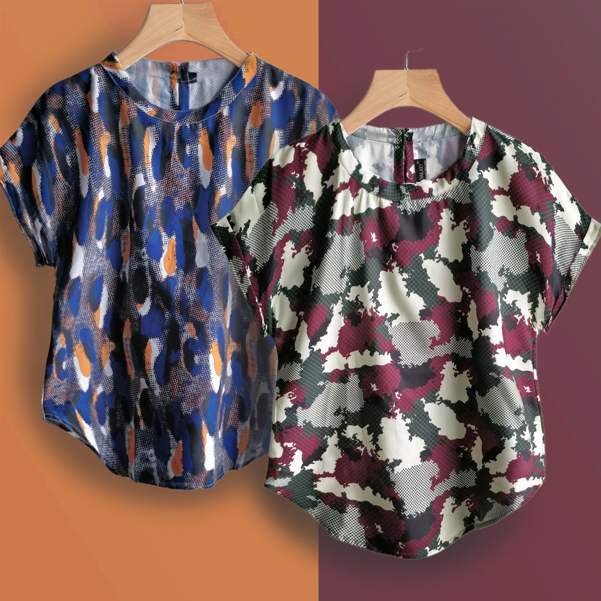 Stylish Camo & Abstract Blue Tops Combo For Women & Girls(Pack Of 2 Pcs)