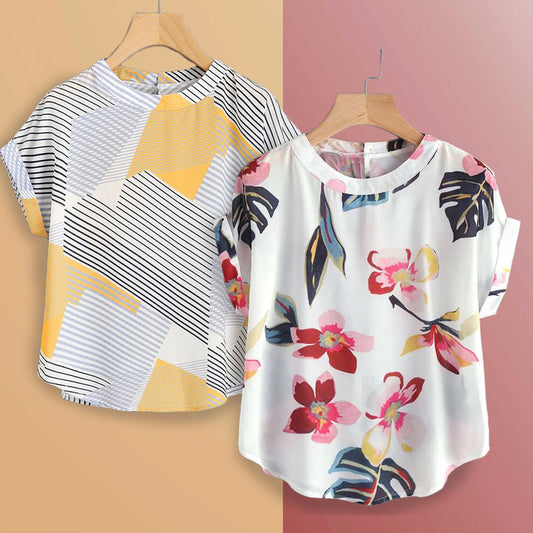 Stylish Yellow Lines & White Floral Tops Combo For Women & Girls(Pack Of 2 Pcs)