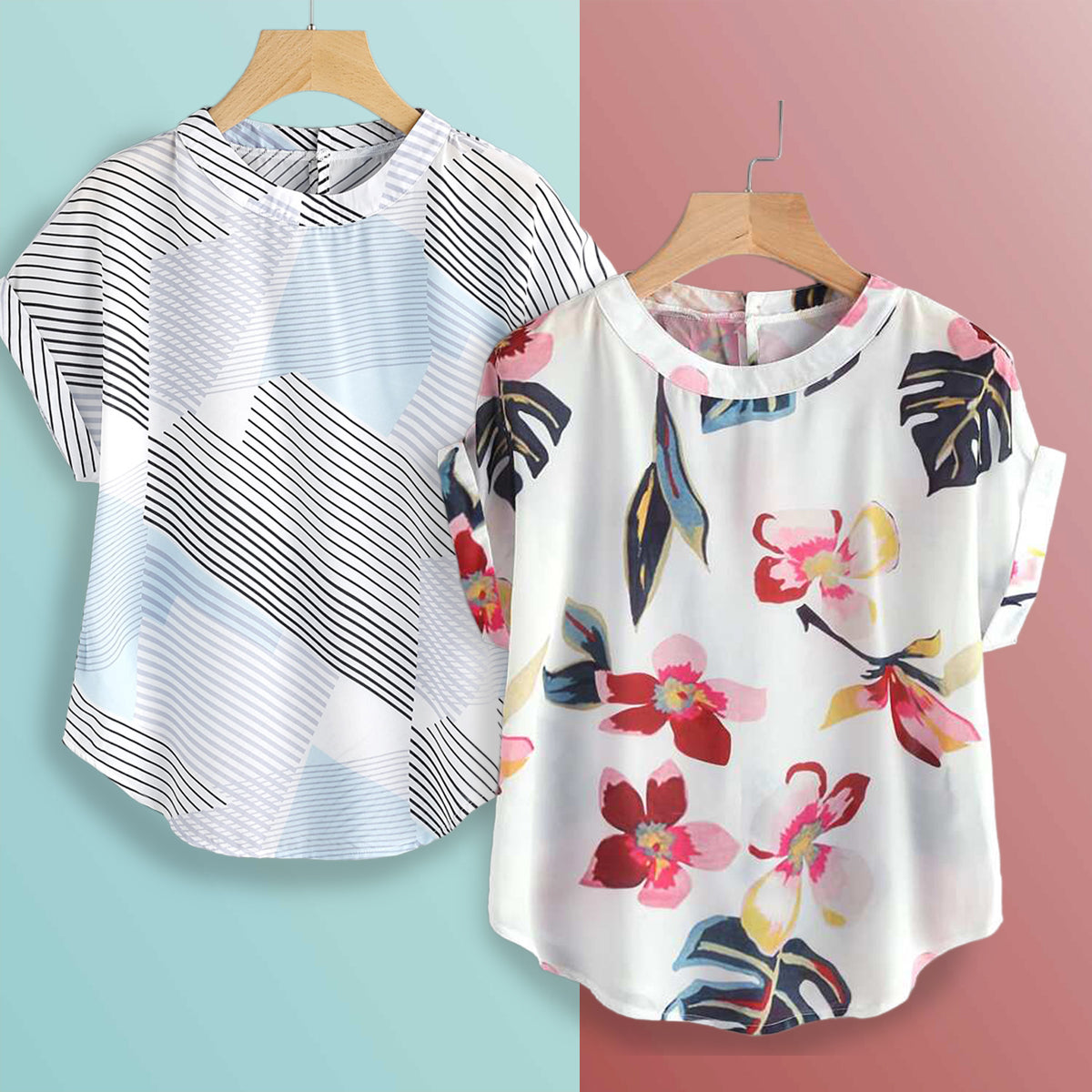 Stylish Turquoise Lines & White Floral Tops Combo For Women & Girls(Pack Of 2 Pcs)
