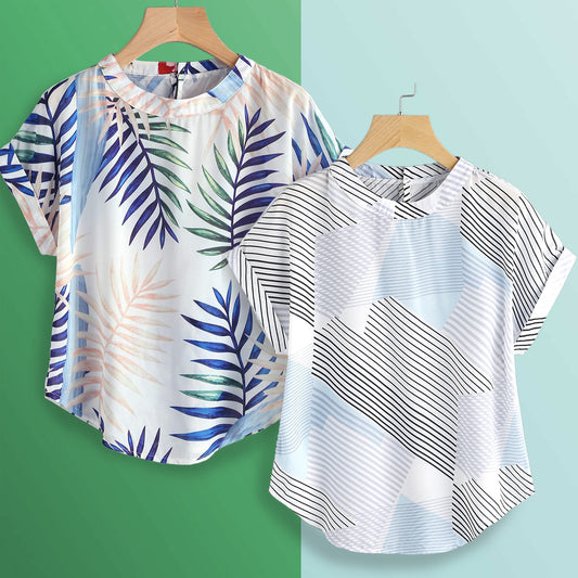 Stylish Tropical Leaf & Turquoise Lines Tops Combo For Women & Girls(Pack Of 2 Pcs)