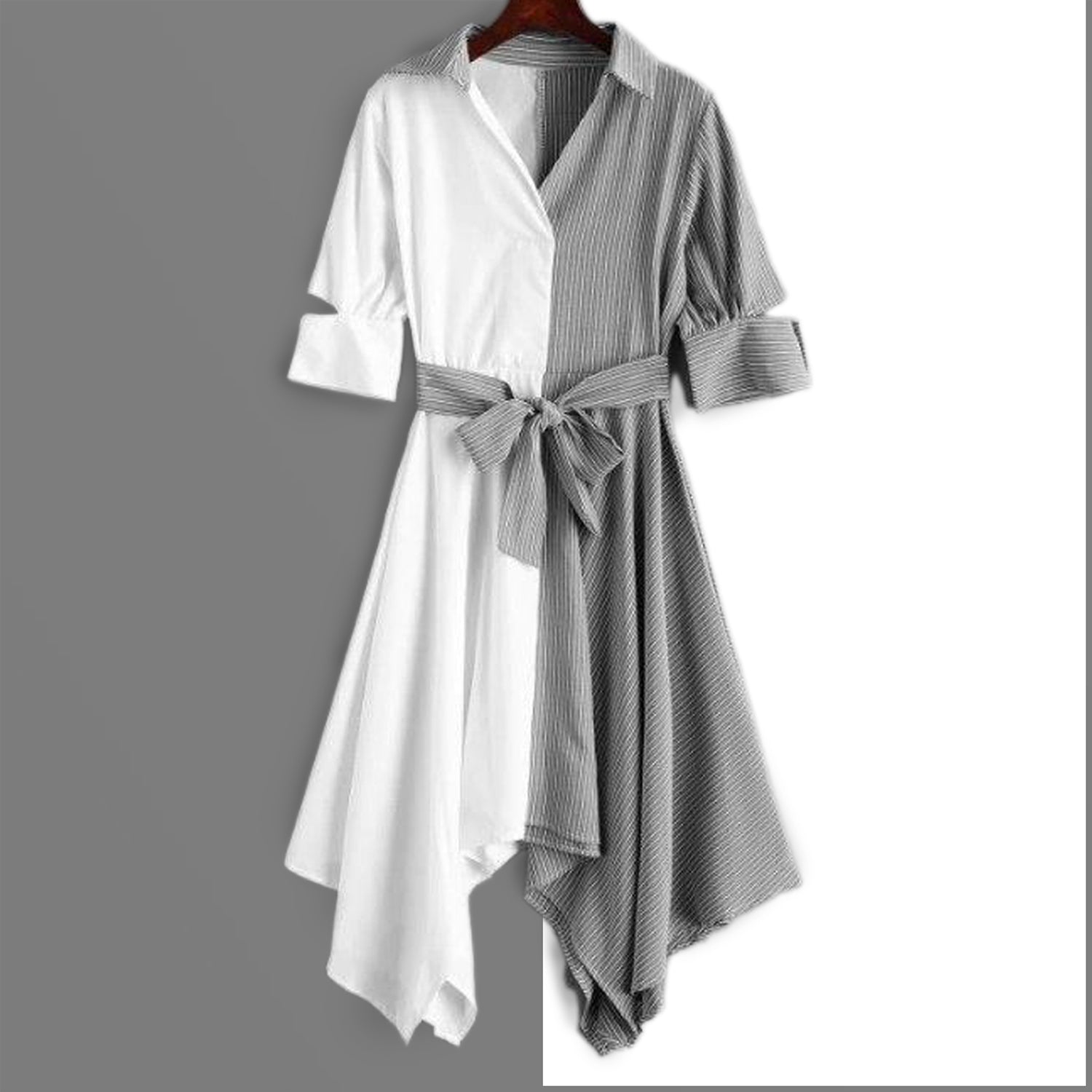 Grey Lines White Stylish Half Half Design Western Midi Dress For Wo Evalaxy